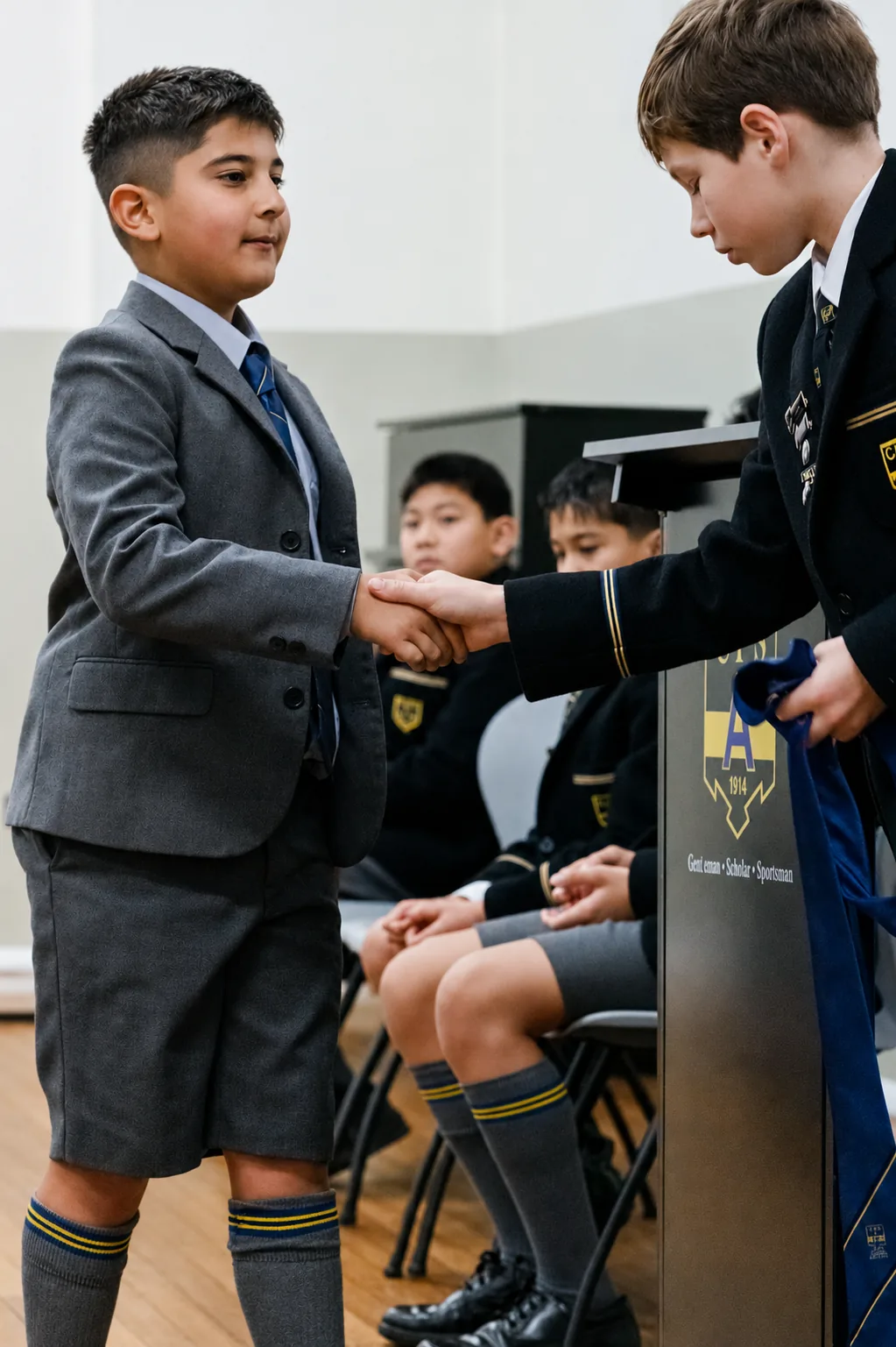 Two Coogee Prep boys shaking hands at a school assembly