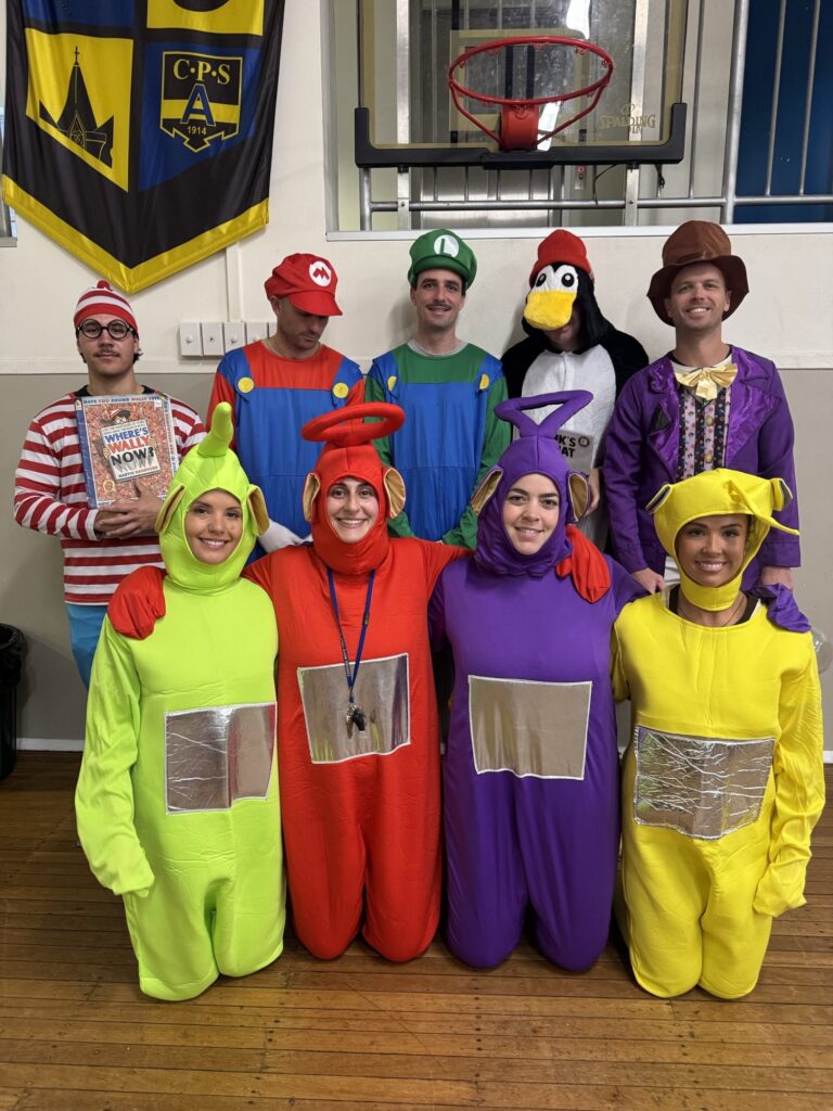 Coogee Prep staff dressed as book characters for Book Week, including the Teletubbies and Mario and Luigi