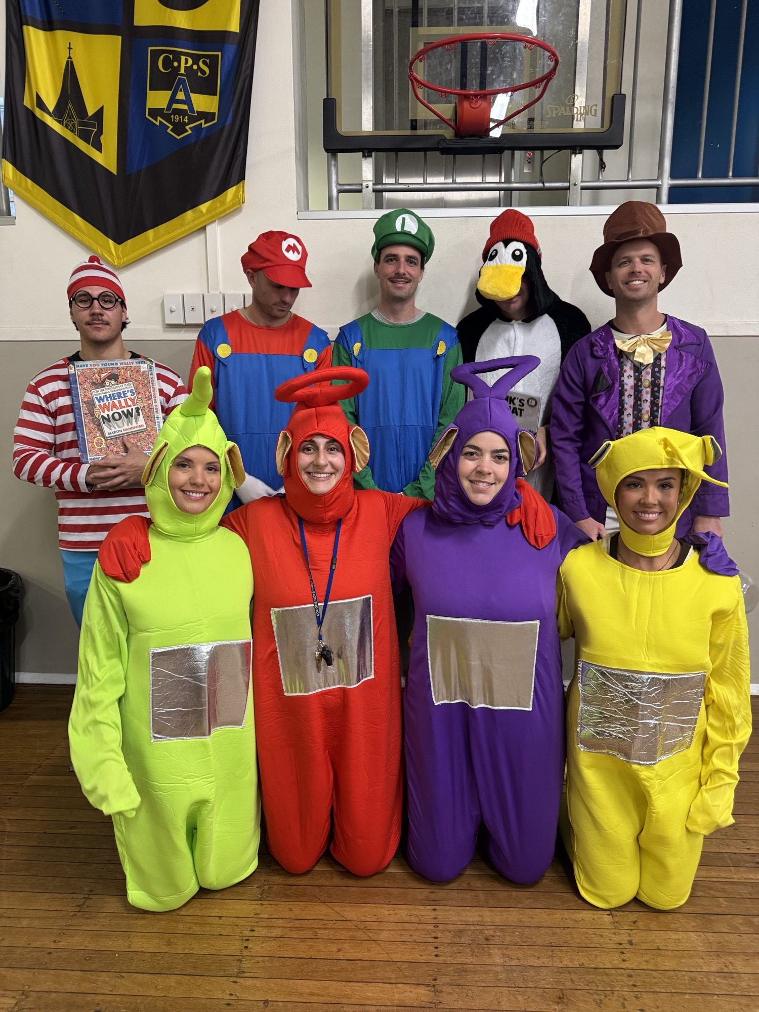 Coogee Prep staff dressed as book characters for Book Week, including the Teletubbies and Mario and Luigi